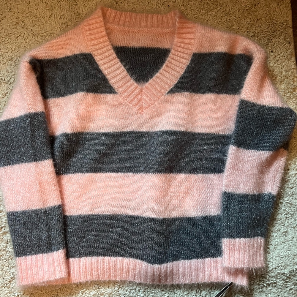 Oversized Striped Pink and Gray Women's Sweater